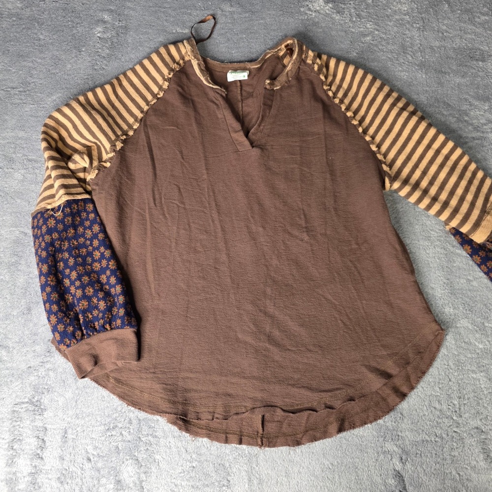 Newm Womens Large Top Brown Mixed Media Striped Floral Thermal NT12307